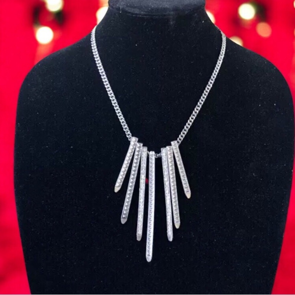 Vintage Silvertone Metal Necklace Rhinestones + Studs Punk Goth Adjustable